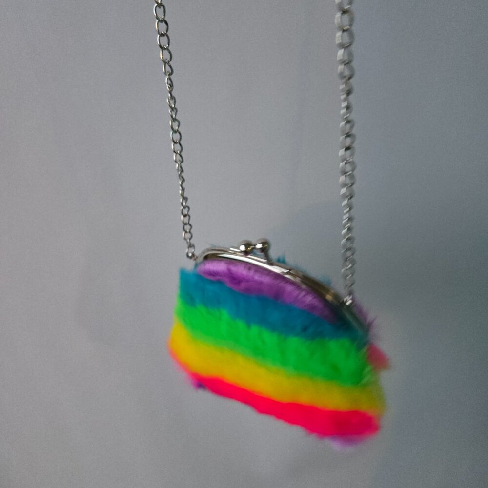 Plushie Rainbow Ombre Coin Purse Necklace Decora Faux Fur Kawaii Kitch Colorful - Picture 4 of 6